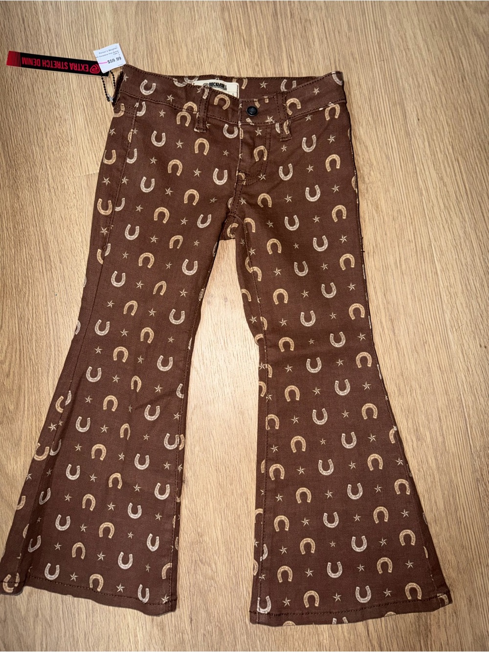 Girls Brown Horseshoe Print Flare Jeans